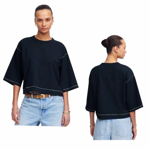 Madewell Women’s Wide-Sleeve Boxy Tee Navy Sz XXS Minimalist Street Style NWT - Picture 1 of 8